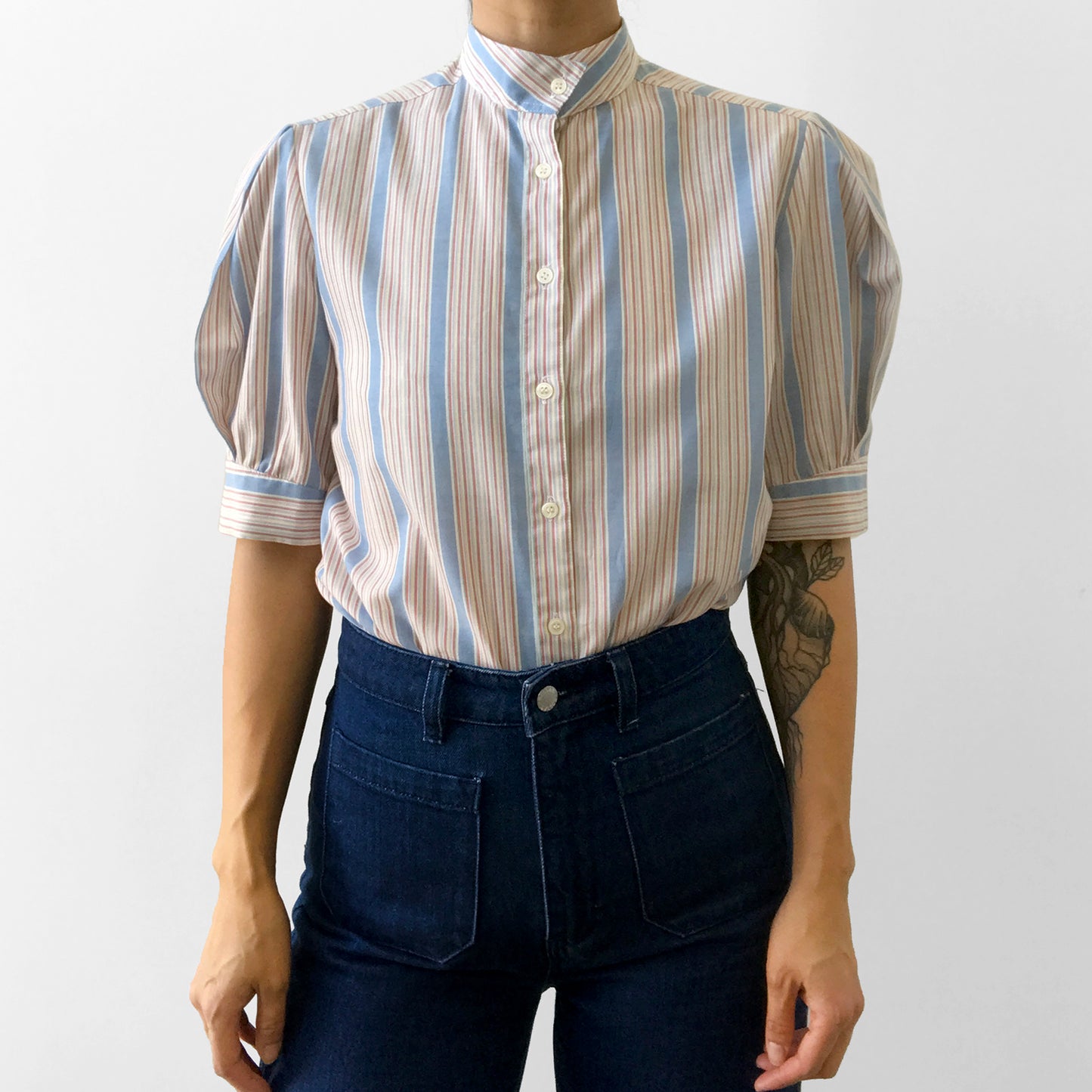 1970s Striped High-Collar Button-Up Half-Sleeve Blouse