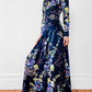 1970s Floor Length Floral Fitted High-Neck Zip-Back Long-Sleeve Dress