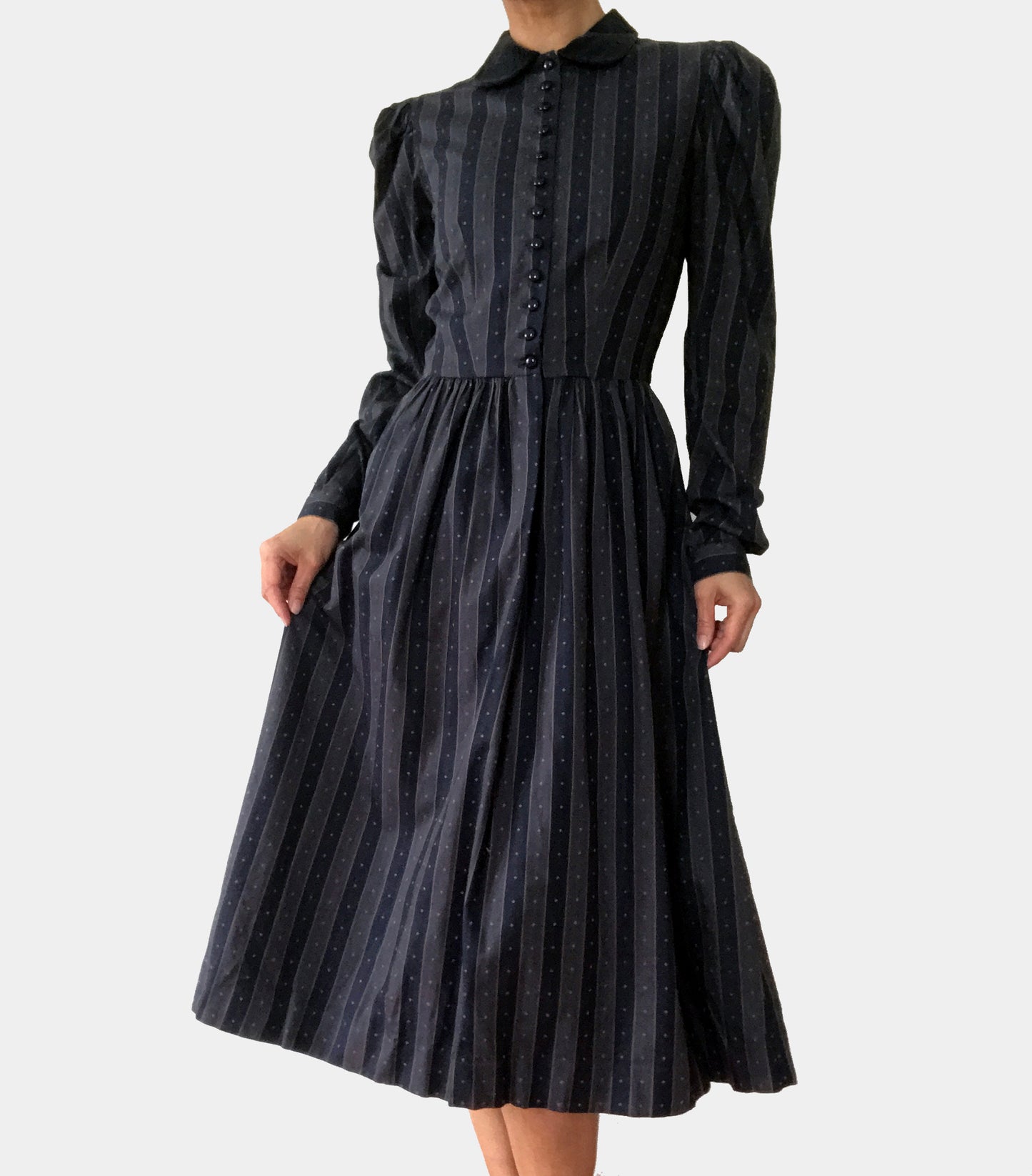 1980s Striped Velvet-Collar Button-Front Pleated-Shoulder Fit and Flare Midi-Length Witchy Dress