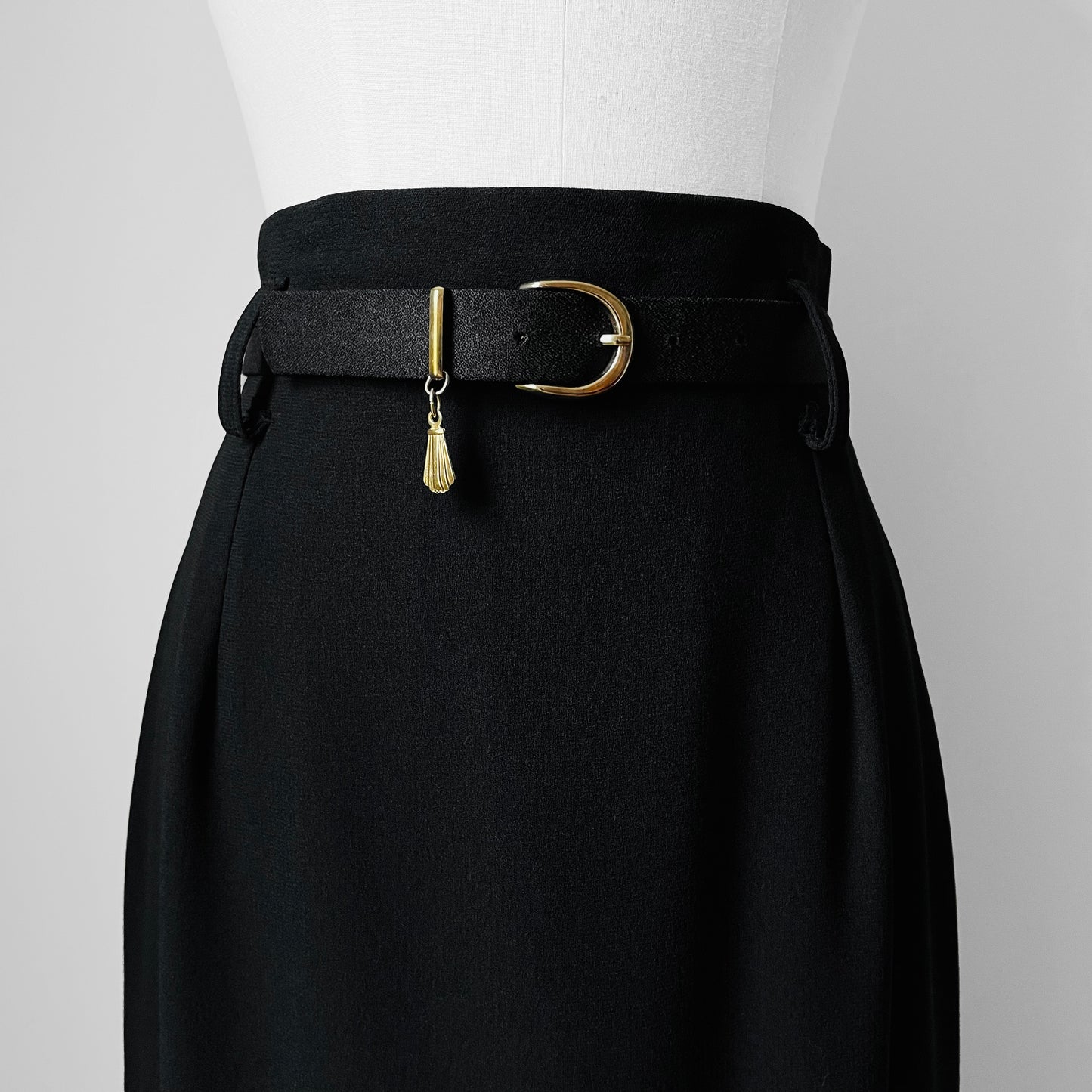 1980s -1990s Black Made in Canada Midi-Length High-Waisted Belted Slimline Skirt