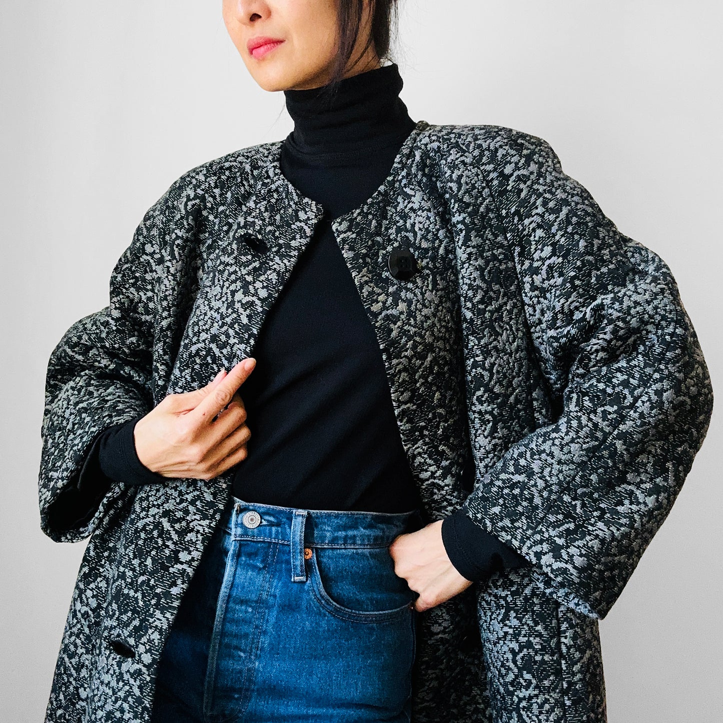 1960s Made in the USA Black and Grey Heavy Upholstered A-line Dress Coat - S/M