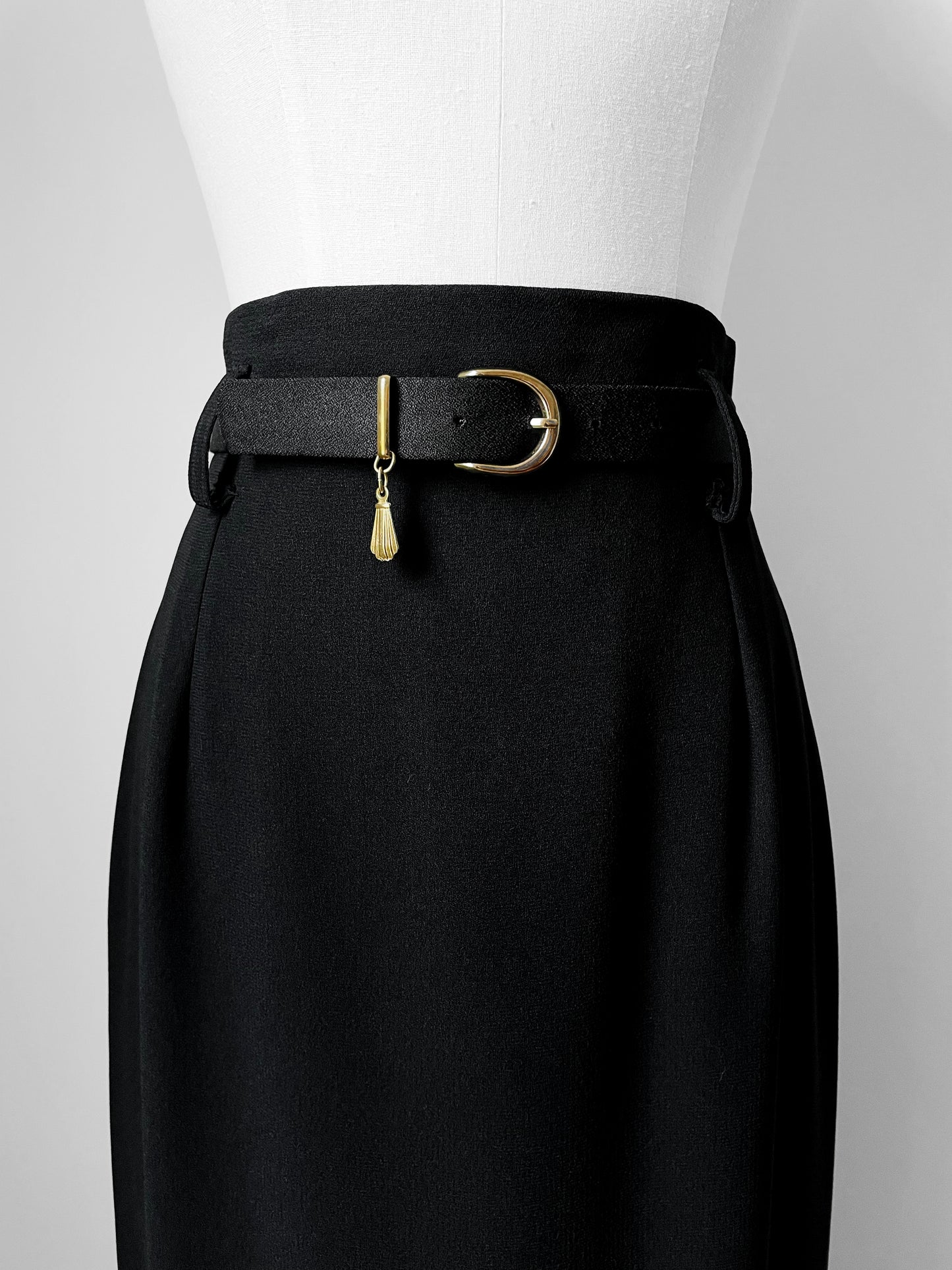 1980s -1990s Black Made in Canada Midi-Length High-Waisted Belted Slimline Skirt