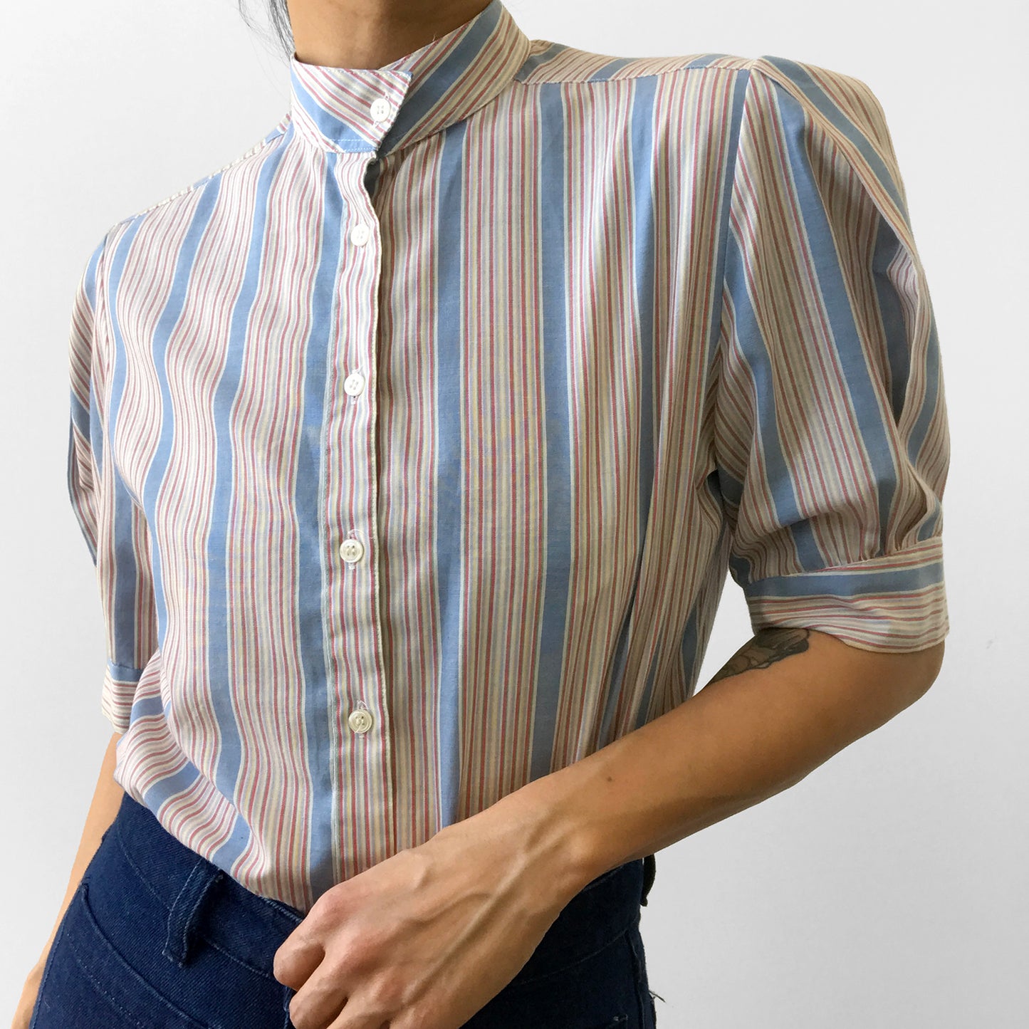 1970s Striped High-Collar Button-Up Half-Sleeve Blouse