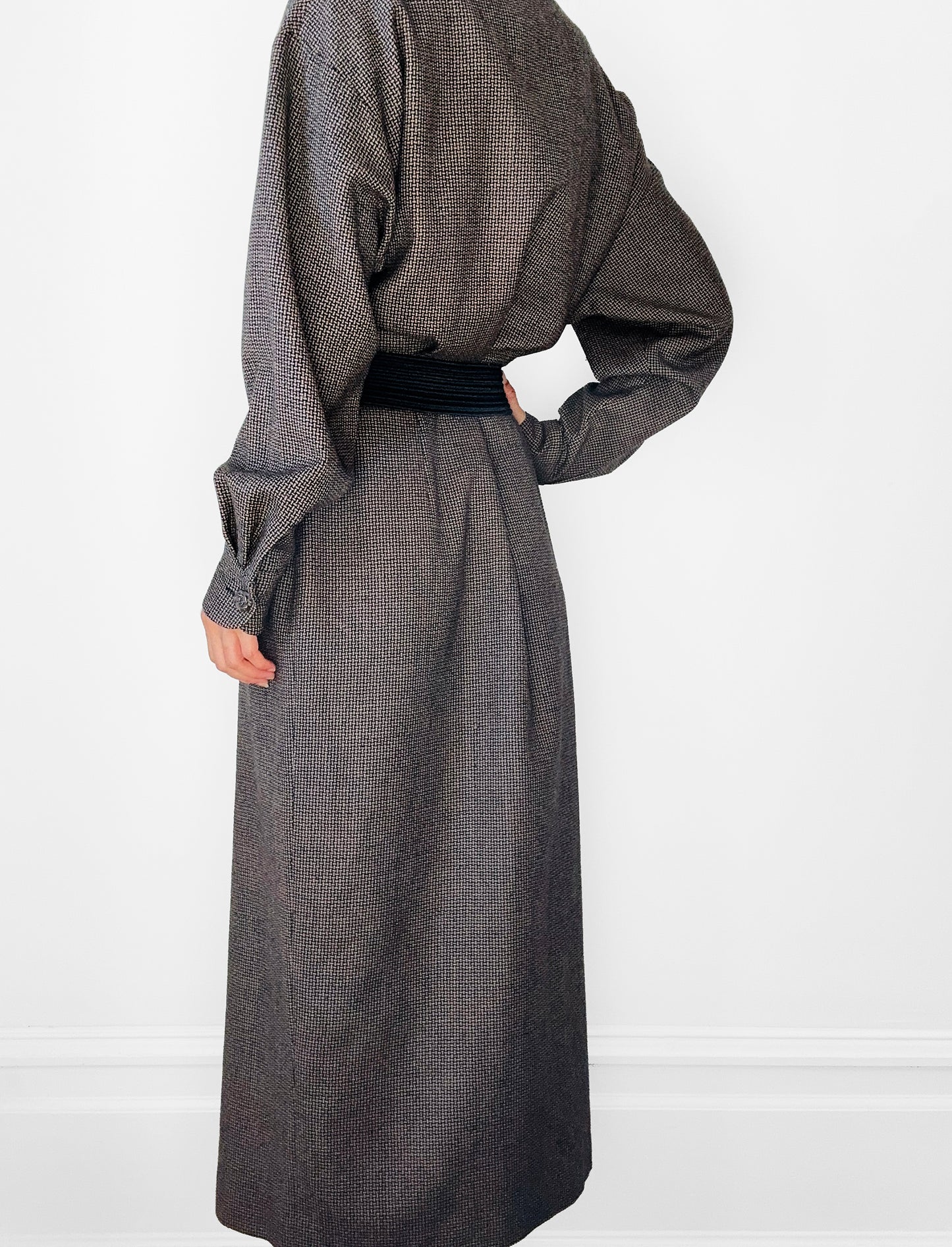 1980s Brown and Black Wool Lined Ankle Length Duster Dress - S/M