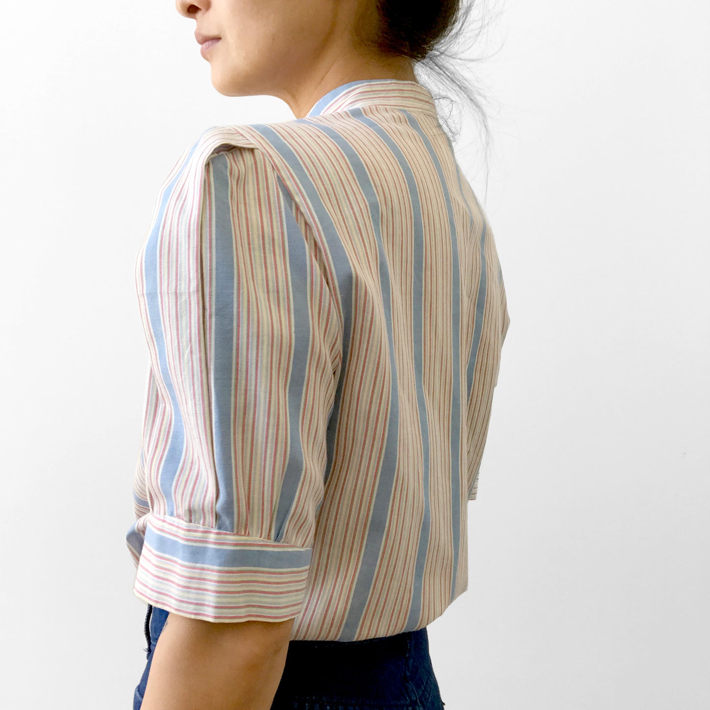 1970s Striped High-Collar Button-Up Half-Sleeve Blouse