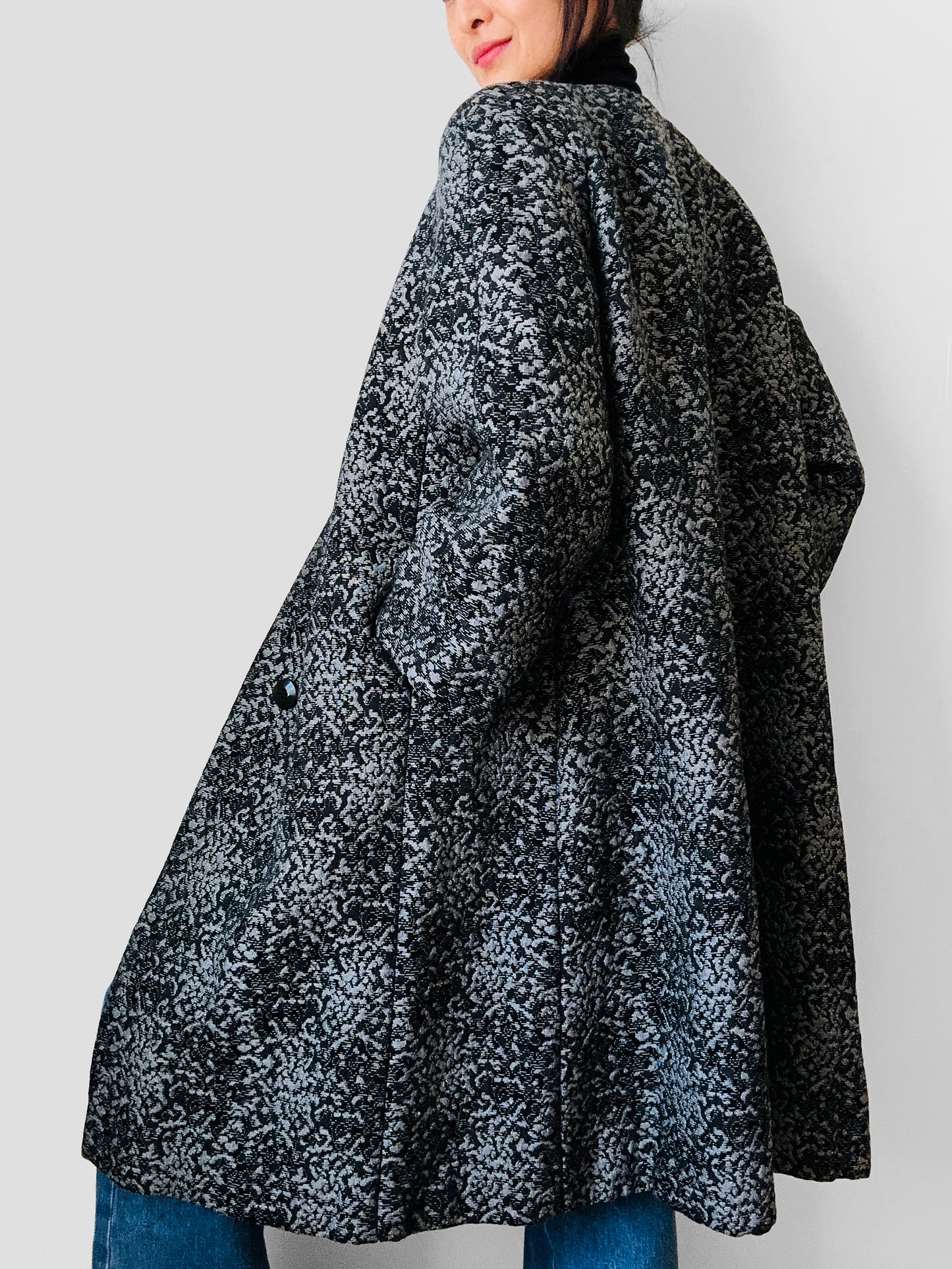 1960s Made in the USA Black and Grey Heavy Upholstered A-line Dress Coat - S/M