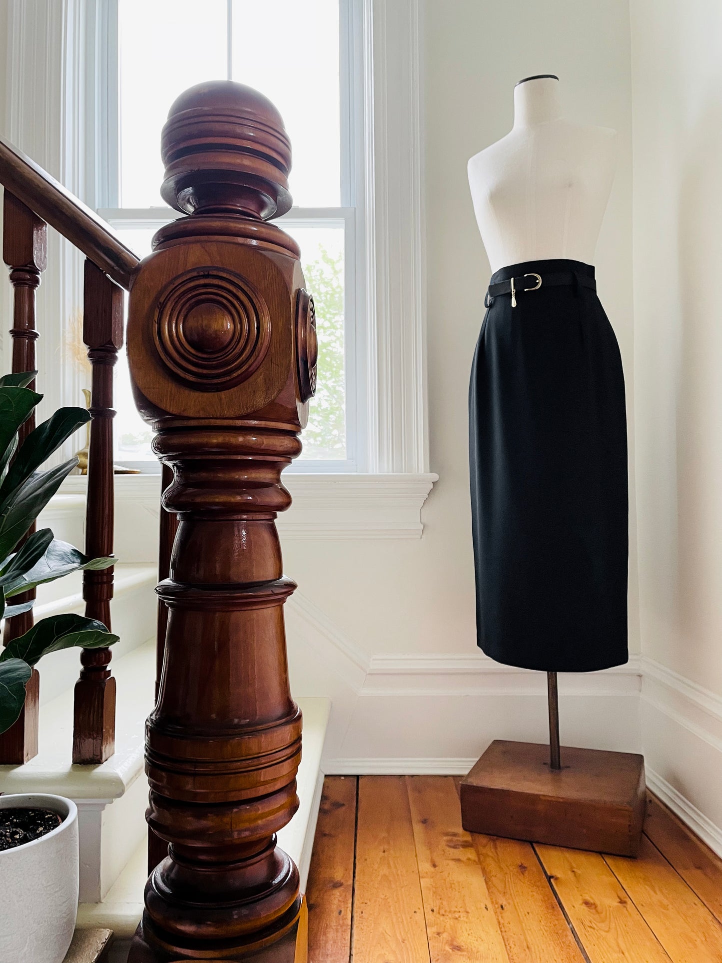 1980s -1990s Black Made in Canada Midi-Length High-Waisted Belted Slimline Skirt