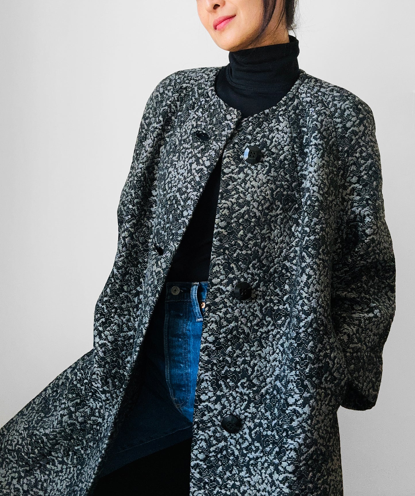 1960s Made in the USA Black and Grey Heavy Upholstered A-line Dress Coat - S/M