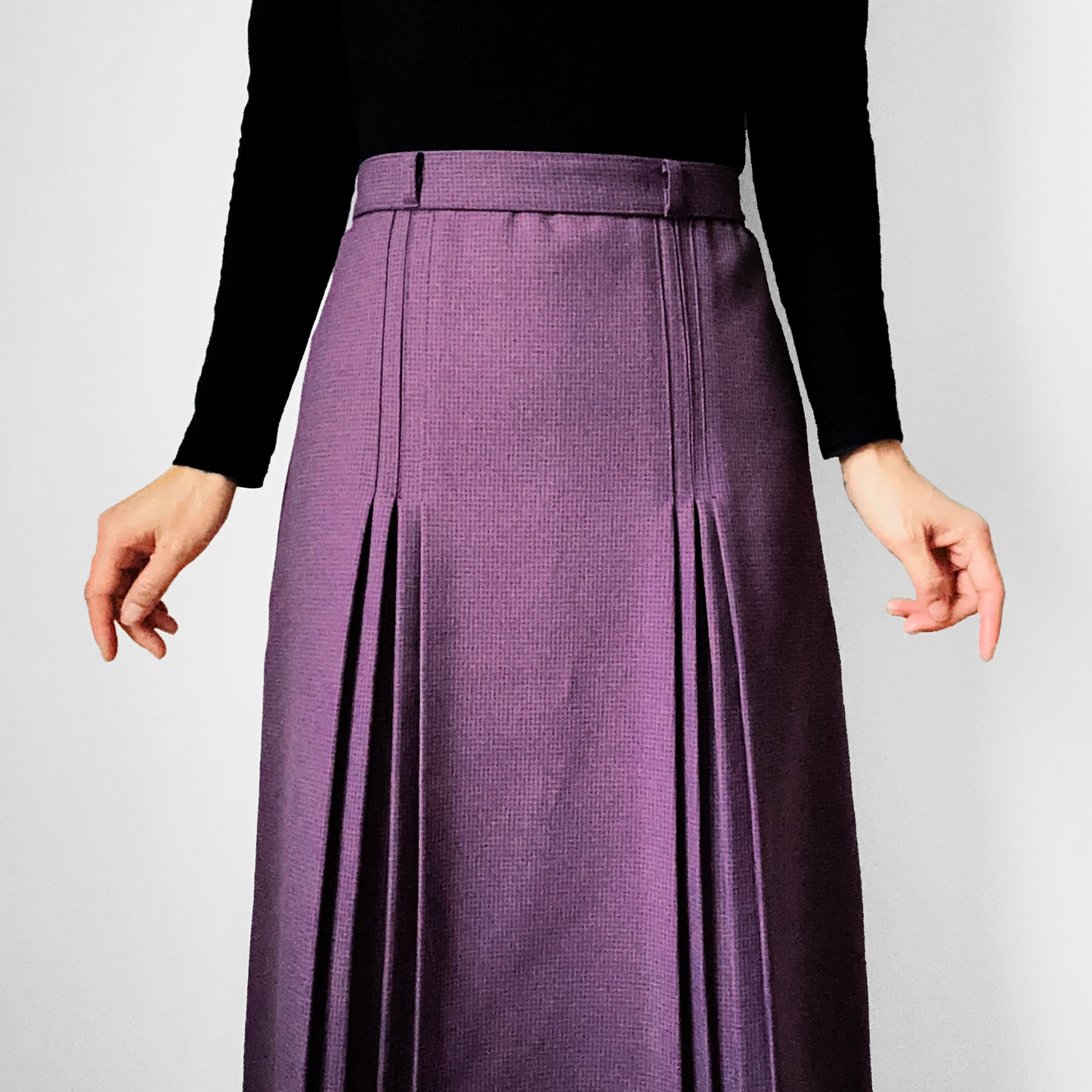 1960s Plum Purple Houndstooth Patterned A-Line Inverted Pleat Skirt - Waist 30