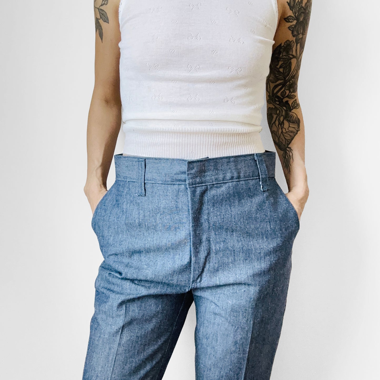 1970s Style Soft Blue Bell Bottom WRANGLER Cinched-Back Chambray Trousers Pants - Waist 31