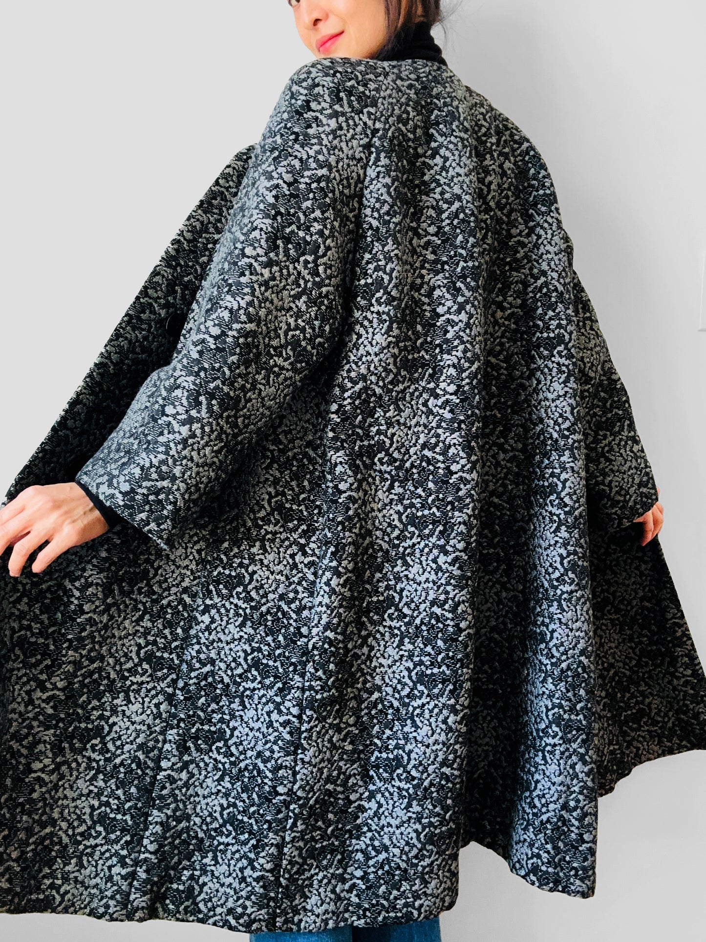 1960s Made in the USA Black and Grey Heavy Upholstered A-line Dress Coat - S/M