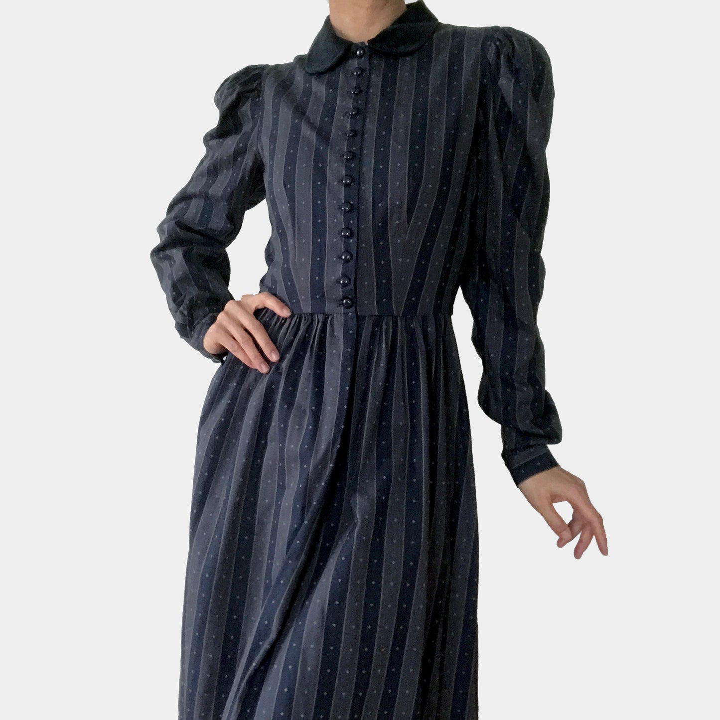 1980s Striped Velvet-Collar Button-Front Pleated-Shoulder Fit and Flare Midi-Length Witchy Dress