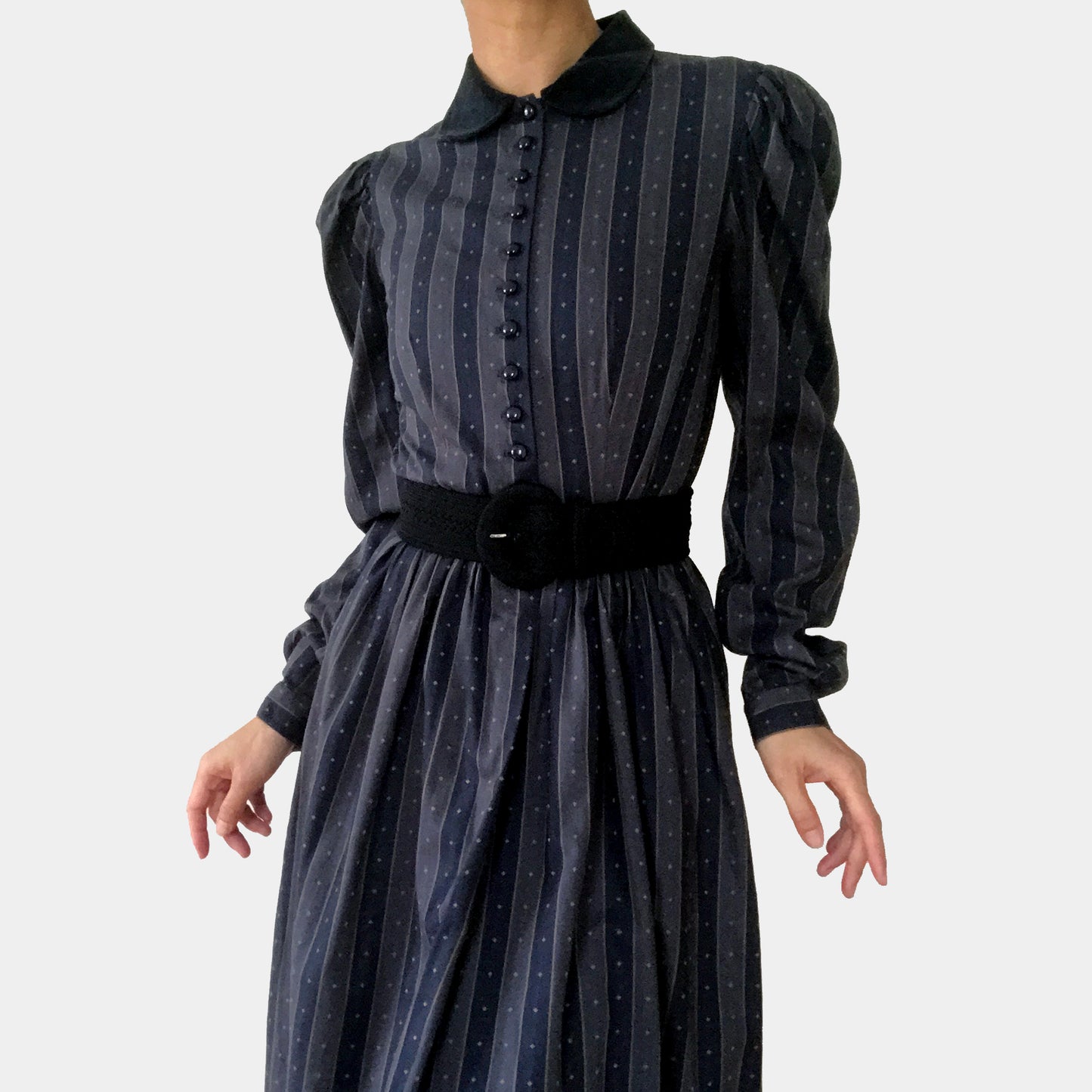 1980s Striped Velvet-Collar Button-Front Pleated-Shoulder Fit and Flare Midi-Length Witchy Dress