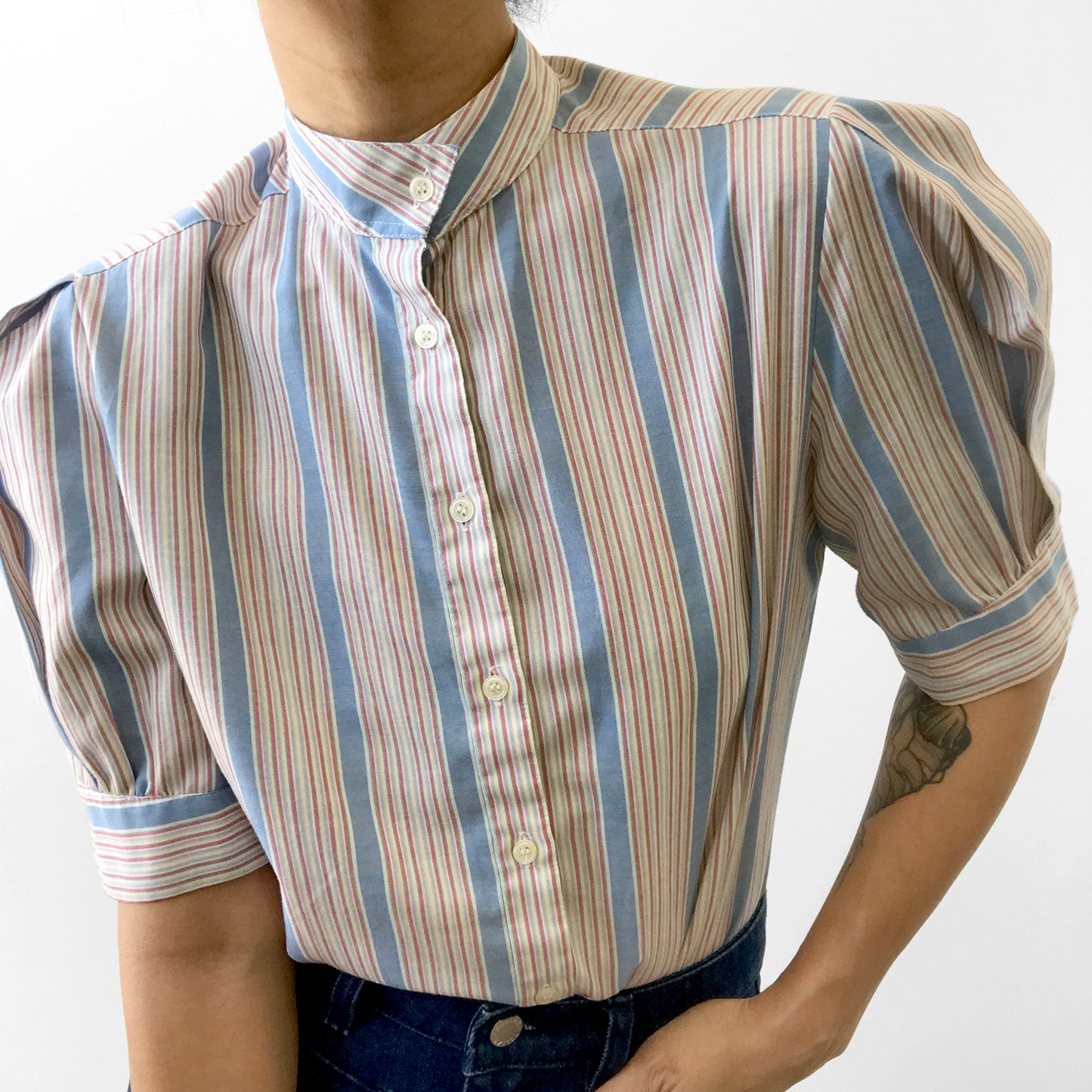 1970s Striped High-Collar Button-Up Half-Sleeve Blouse