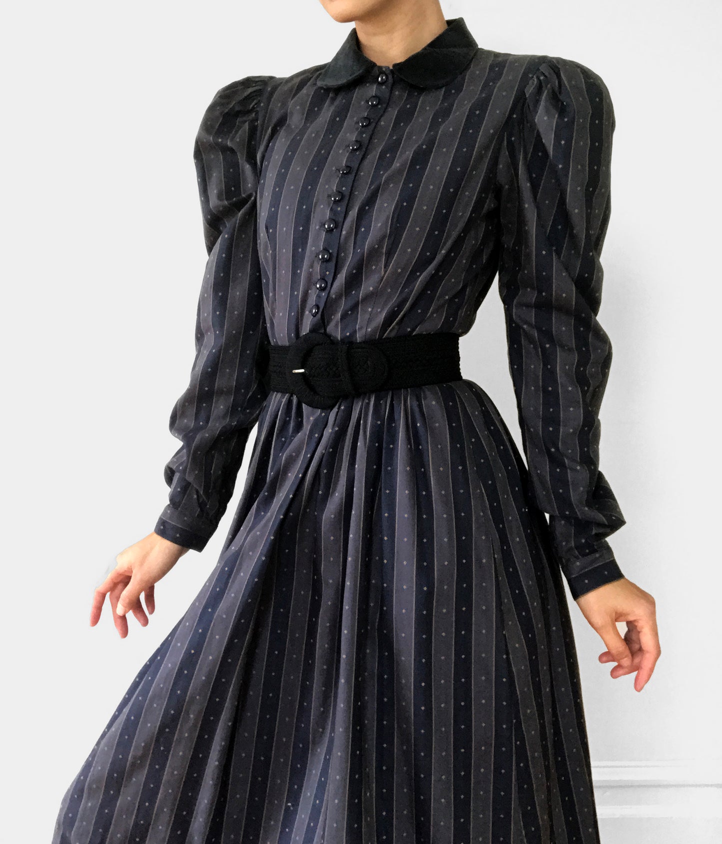 1980s Striped Velvet-Collar Button-Front Pleated-Shoulder Fit and Flare Midi-Length Witchy Dress