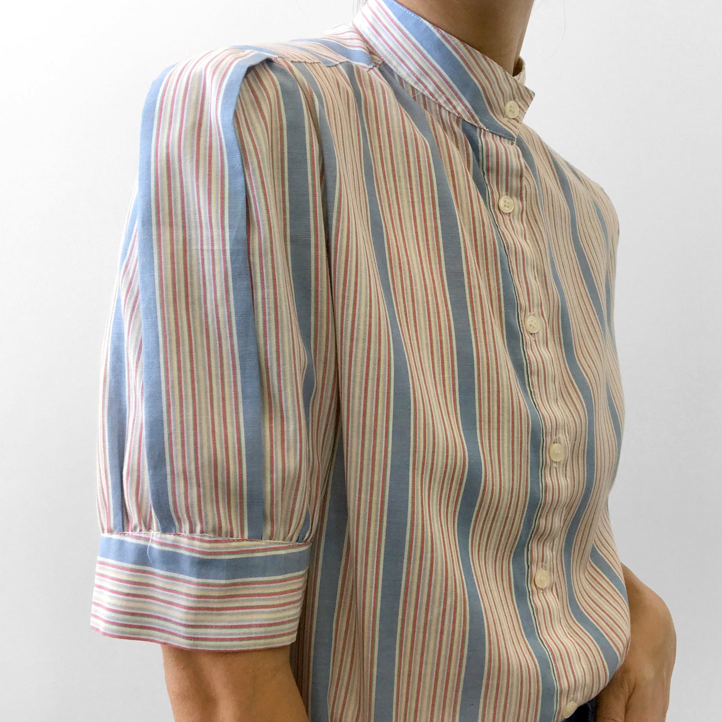 1970s Striped High-Collar Button-Up Half-Sleeve Blouse