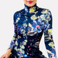 1970s Floor Length Floral Fitted High-Neck Zip-Back Long-Sleeve Dress