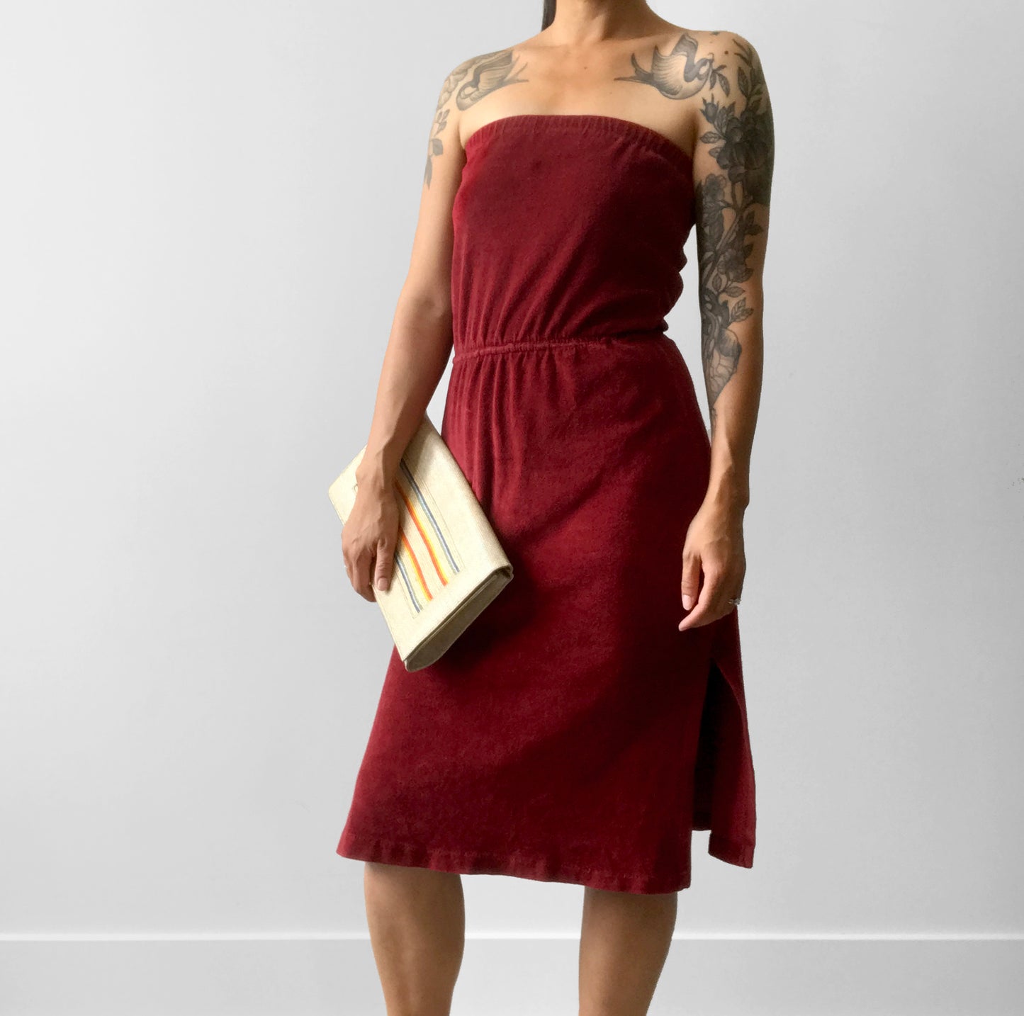 1970s Made in Canada Wine Toned Strapless Velour Dress