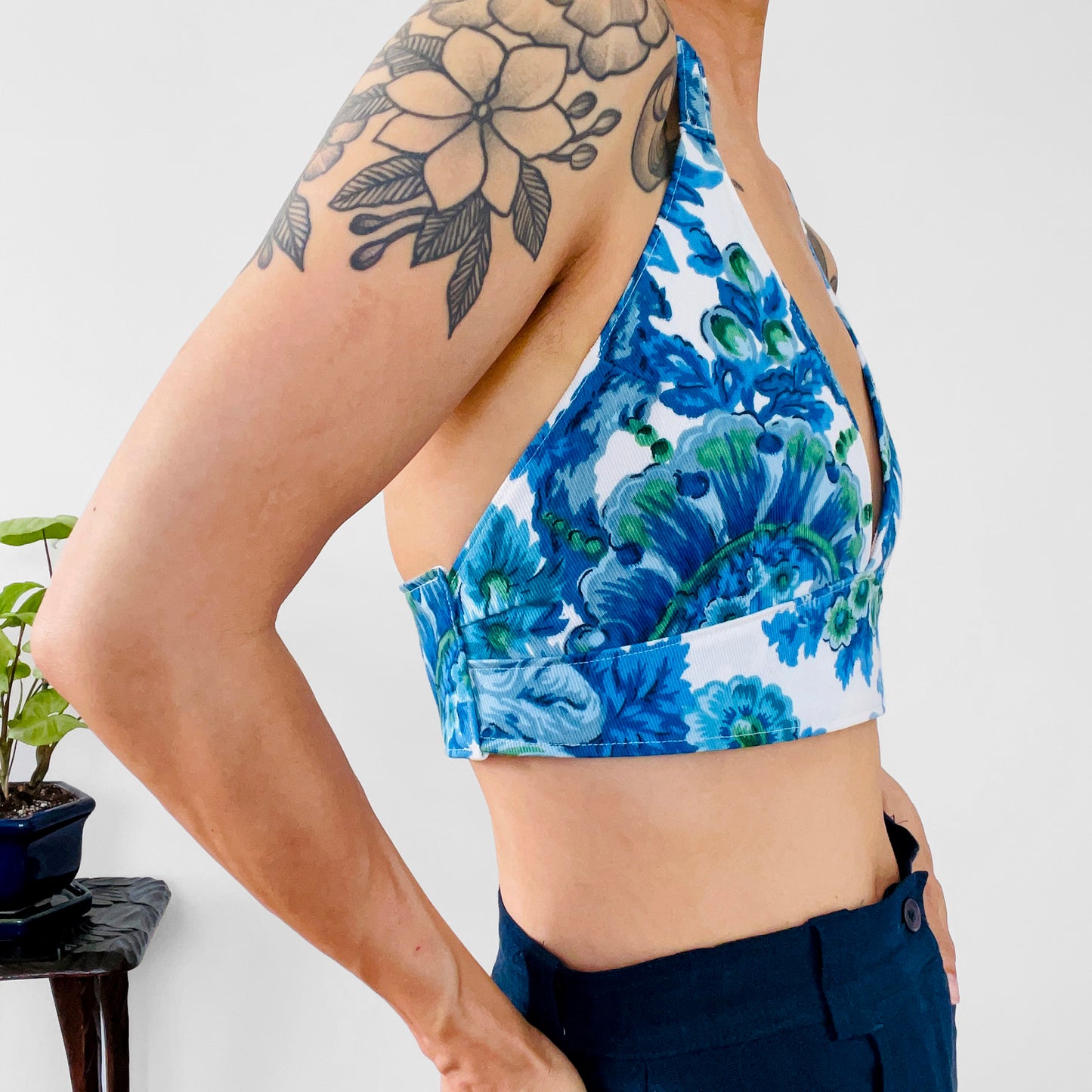 Upcycled Made-By-Me Vintage Handmade Blue and White Floral Chinoiserie Button-Back Bralette TopTop