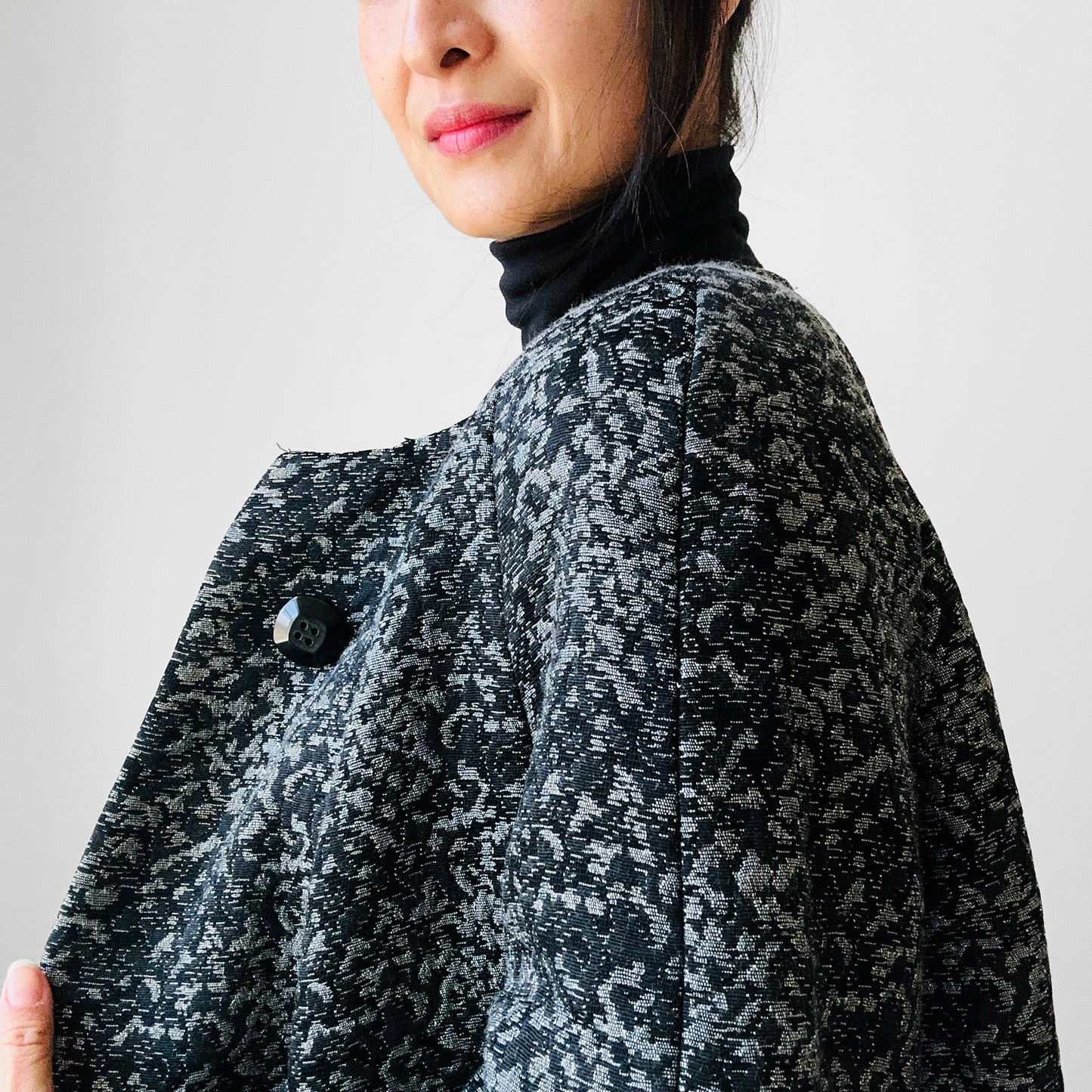 1960s Made in the USA Black and Grey Heavy Upholstered A-line Dress Coat - S/M