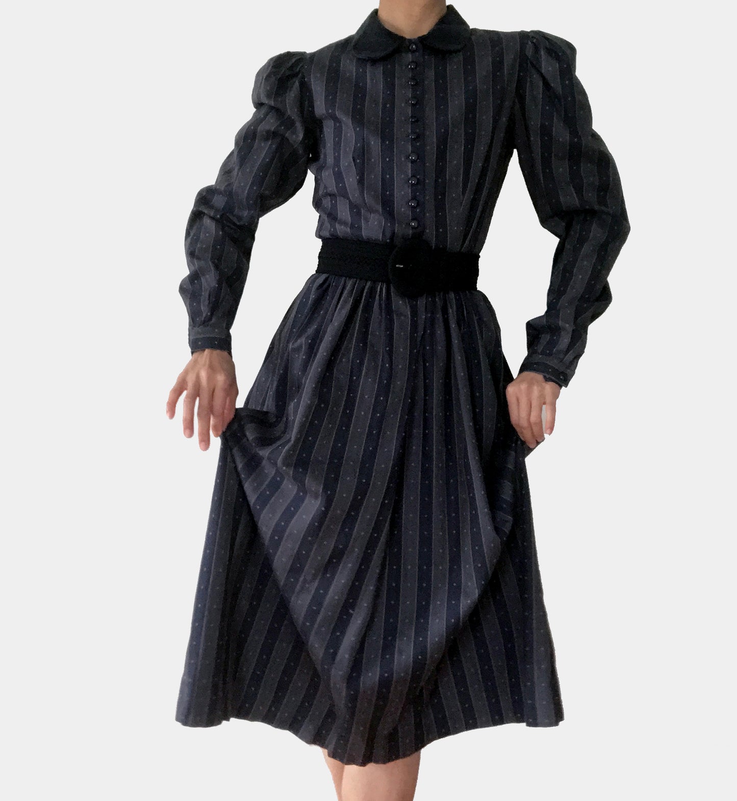 1980s Striped Velvet-Collar Button-Front Pleated-Shoulder Fit and Flare Midi-Length Witchy Dress