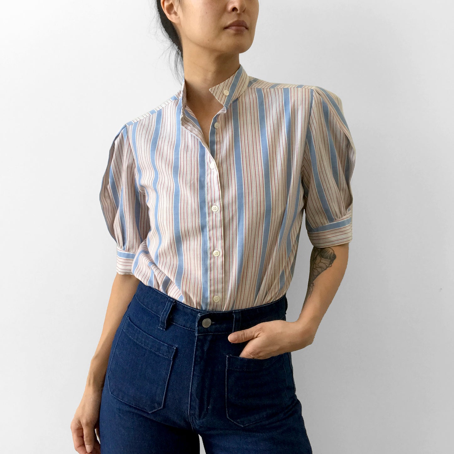 1970s Striped High-Collar Button-Up Half-Sleeve Blouse