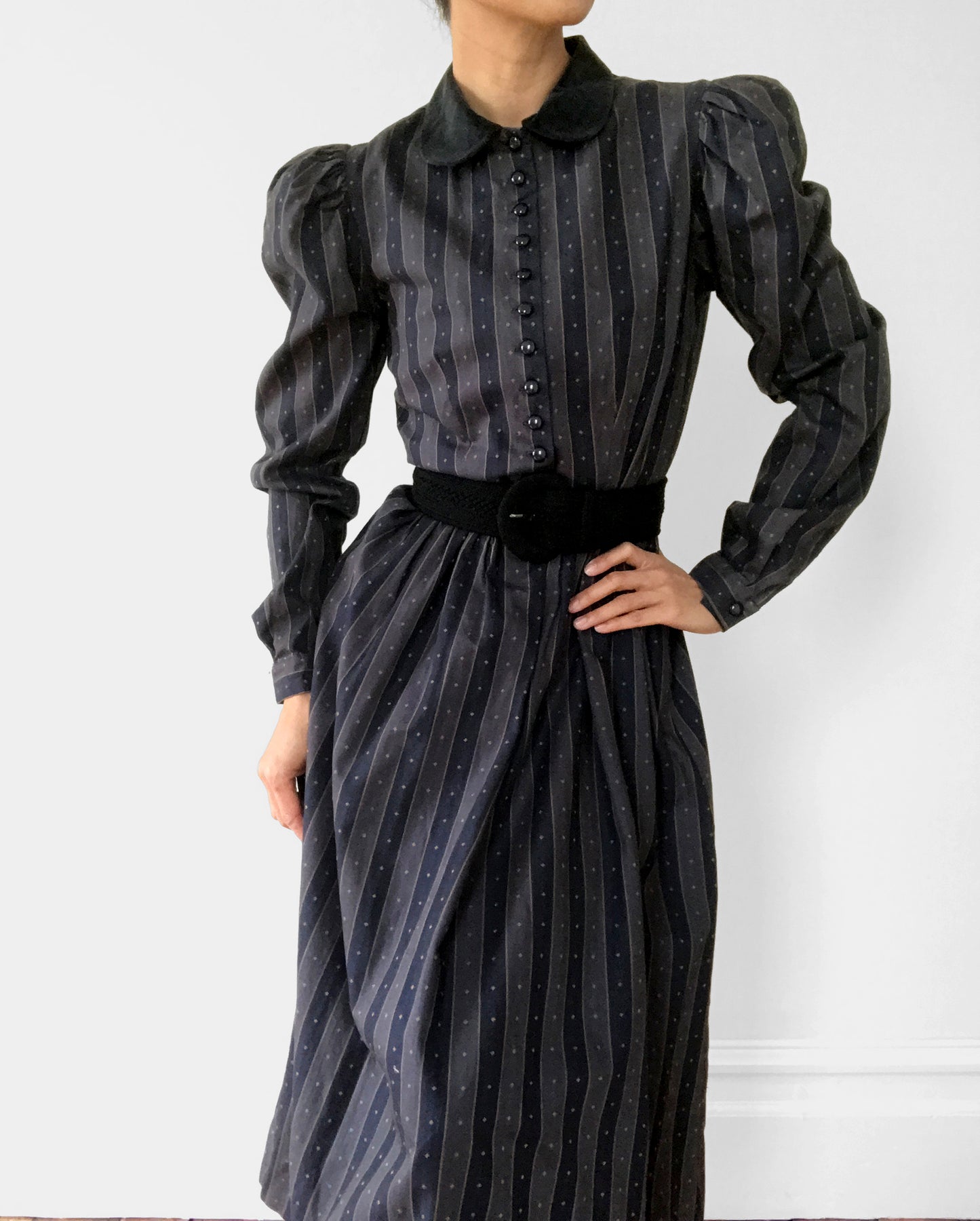 1980s Striped Velvet-Collar Button-Front Pleated-Shoulder Fit and Flare Midi-Length Witchy Dress