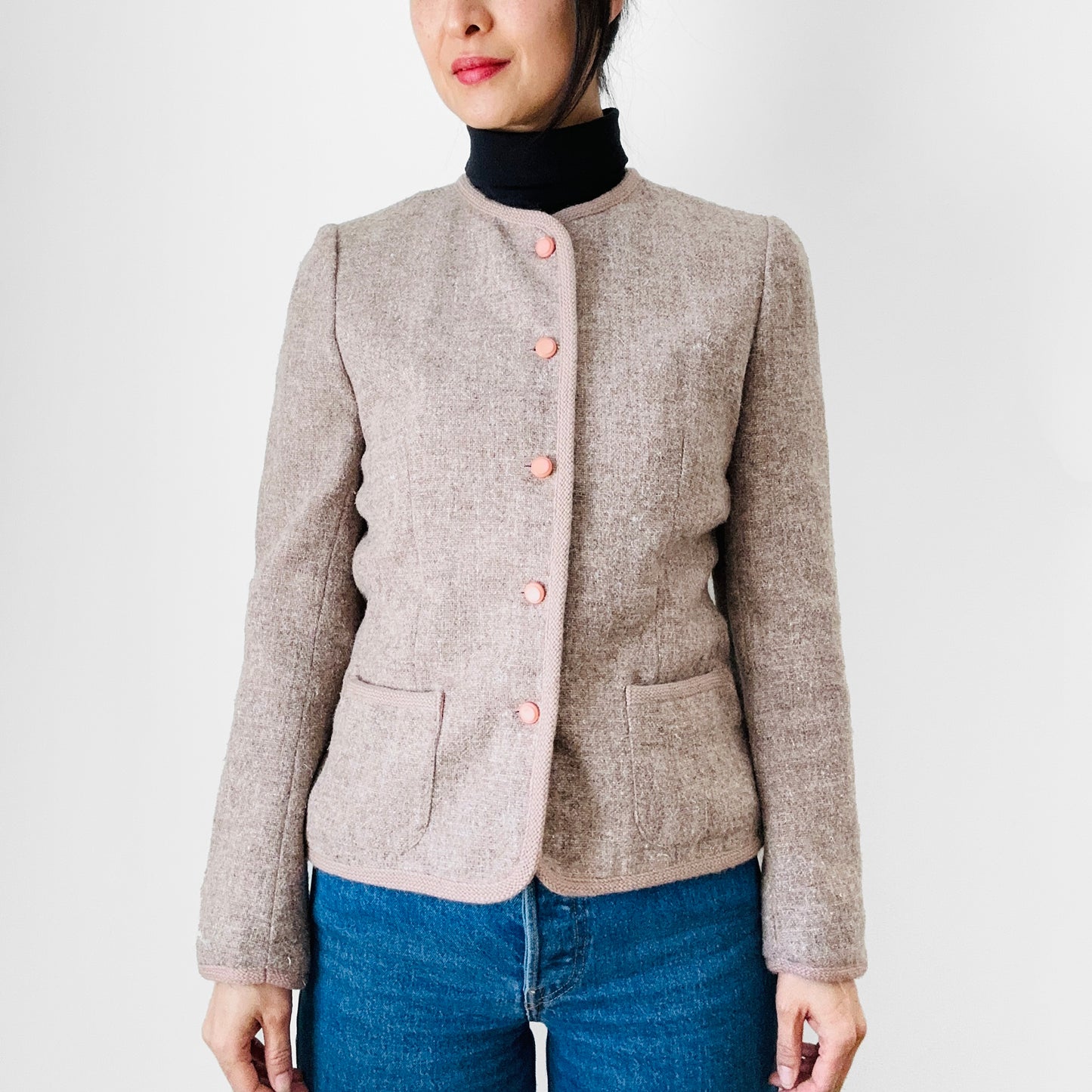 1960s - 1970s Beige Grey Oatmeal Tone Fitted Short-Waisted Trimmed Wool Blend Jacket Blazer - XS/S