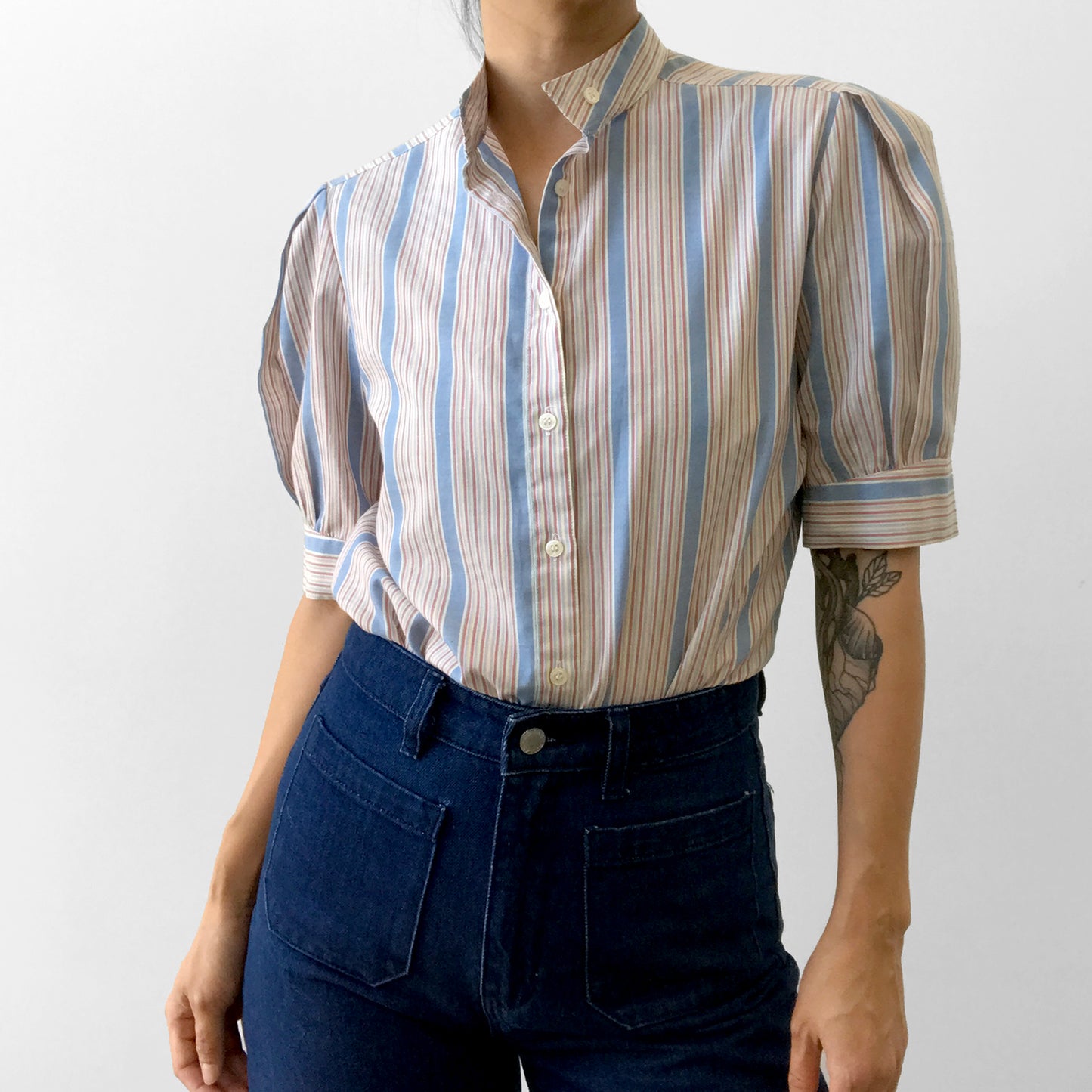 1970s Striped High-Collar Button-Up Half-Sleeve Blouse