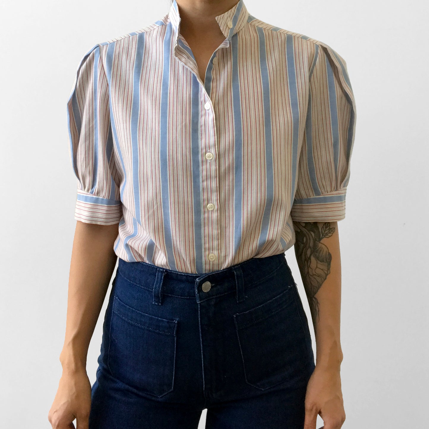 1970s Striped High-Collar Button-Up Half-Sleeve Blouse