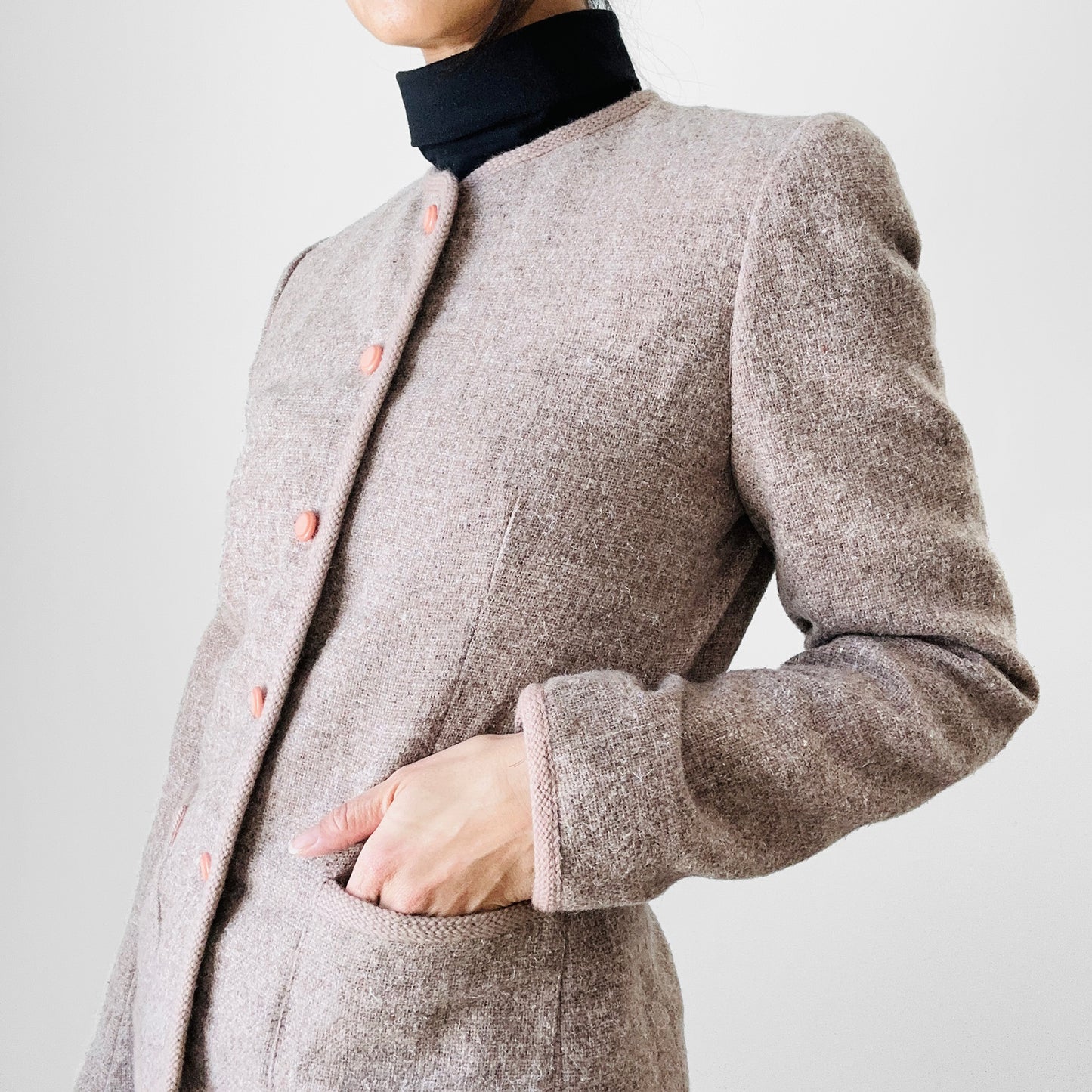 1960s - 1970s Beige Grey Oatmeal Tone Fitted Short-Waisted Trimmed Wool Blend Jacket Blazer - XS/S