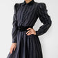 1980s Striped Velvet-Collar Button-Front Pleated-Shoulder Fit and Flare Midi-Length Witchy Dress