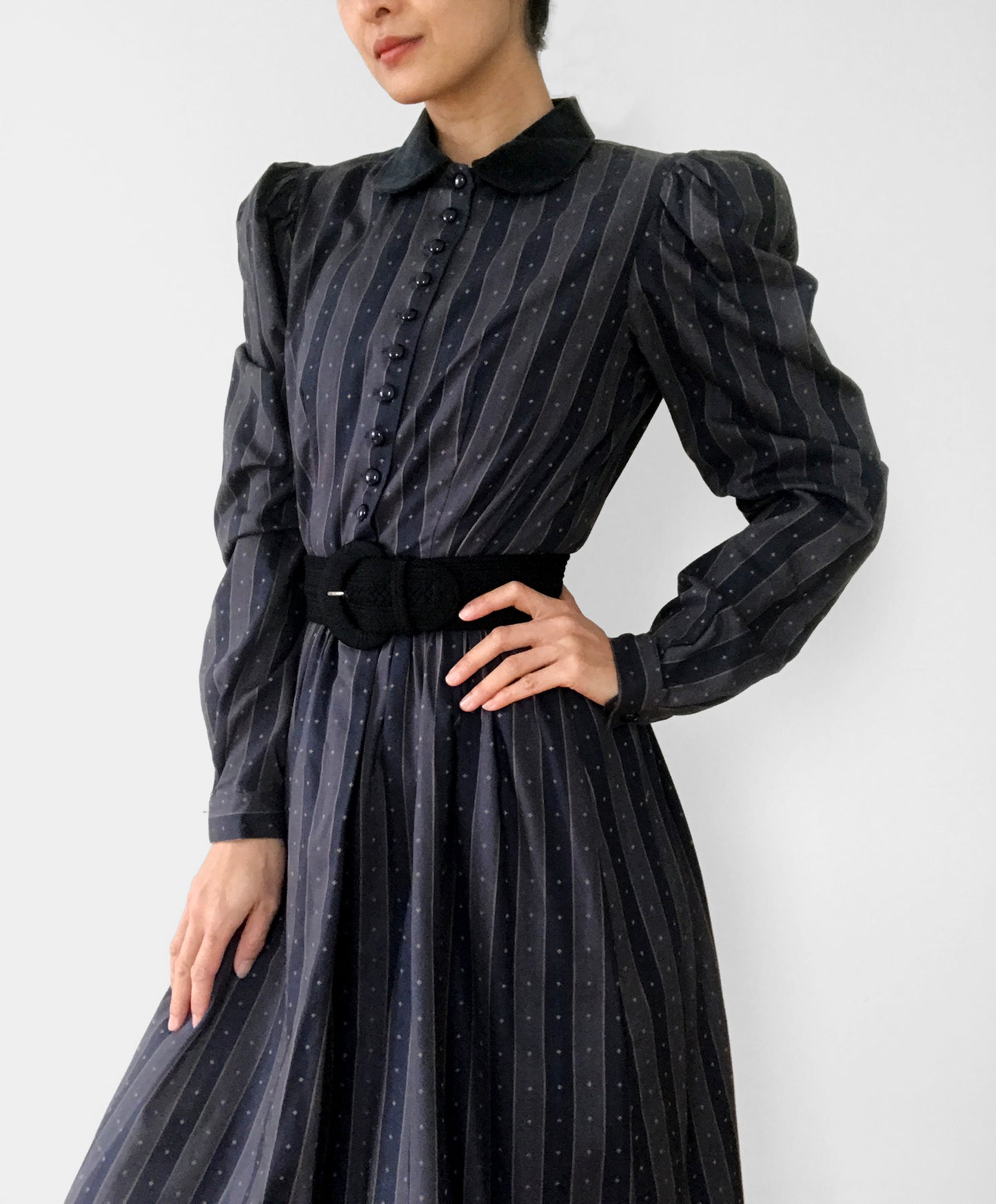 1980s Striped Velvet-Collar Button-Front Pleated-Shoulder Fit and Flare Midi-Length Witchy Dress