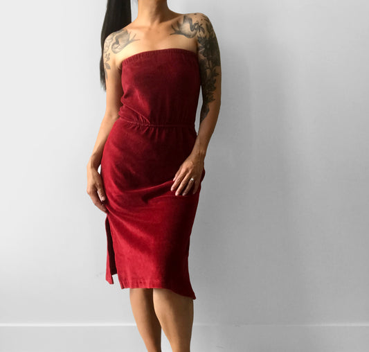 1970s Made in Canada Wine Toned Strapless Velour Dress