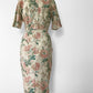 1990s Made in the USA Cotton Linen Short-Sleeve Botanical Patterned Button-Back Wiggle Dress
