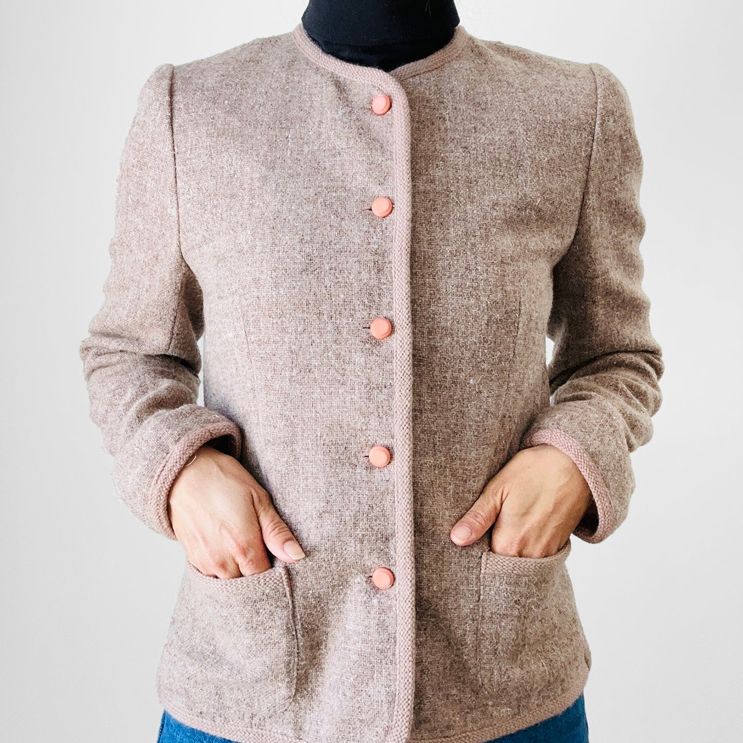 1960s - 1970s Beige Grey Oatmeal Tone Fitted Short-Waisted Trimmed Wool Blend Jacket Blazer - XS/S