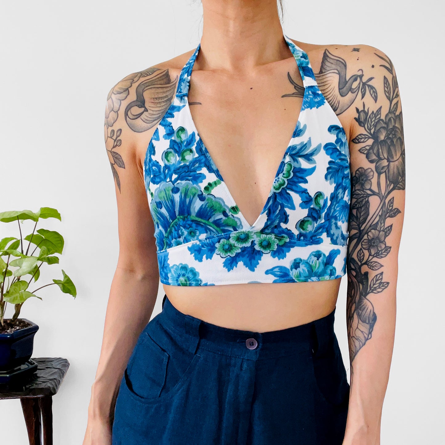 Upcycled Made-By-Me Vintage Handmade Blue and White Floral Chinoiserie Button-Back Bralette TopTop