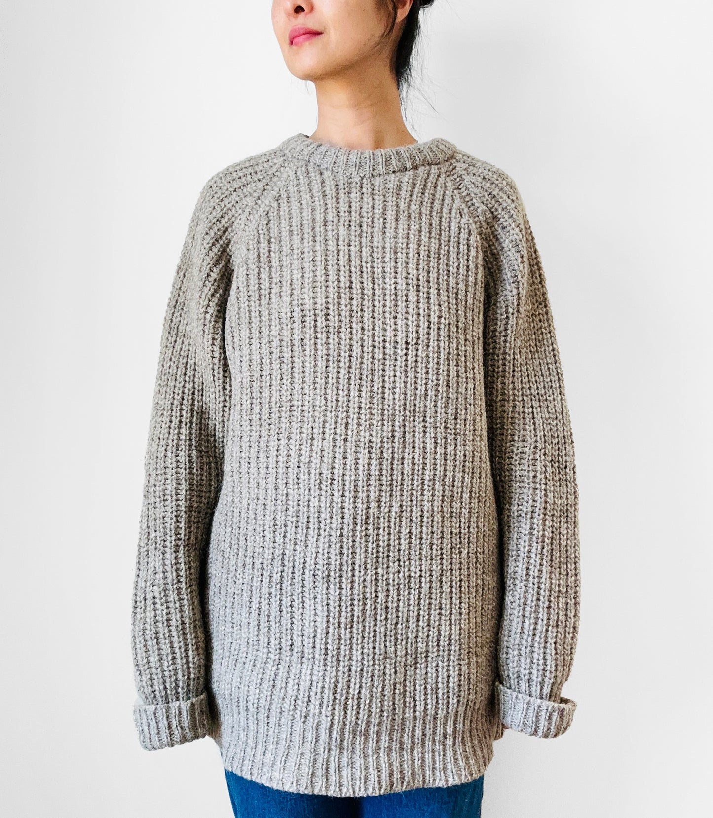 Grey Beige Heavy Wool Ribbed Well-Worn Knit Crew Neck Pullover Sweater - Sz. M