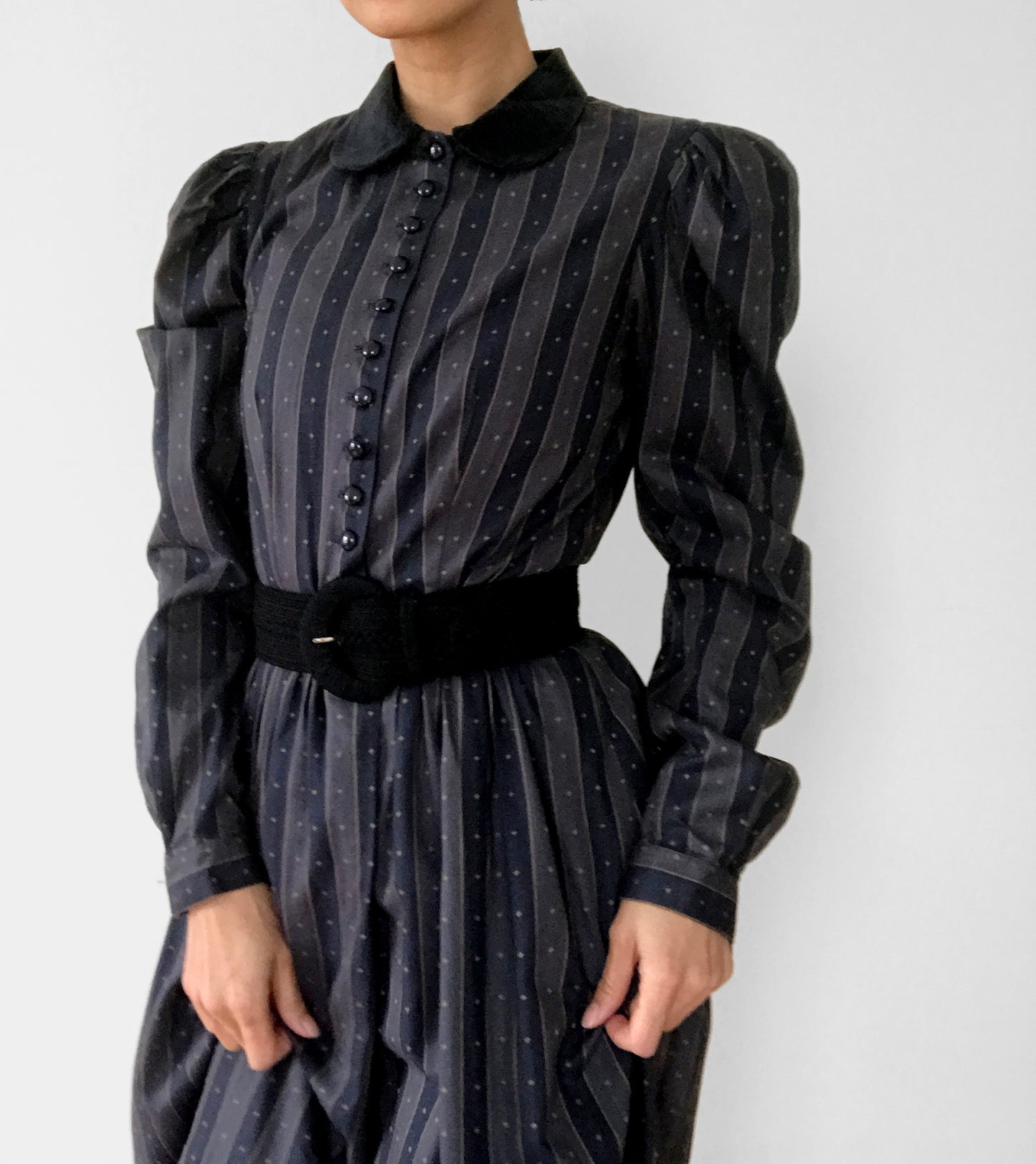 1980s Striped Velvet-Collar Button-Front Pleated-Shoulder Fit and Flare Midi-Length Witchy Dress