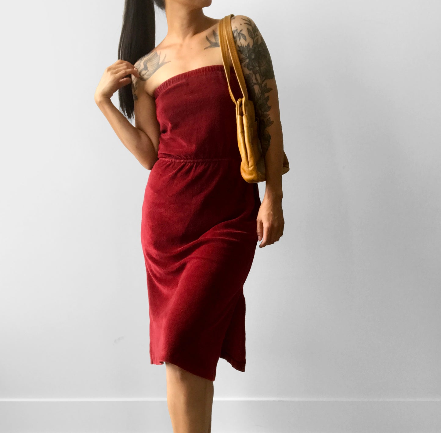 1970s Made in Canada Wine Toned Strapless Velour Dress