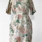 1990s Made in the USA Cotton Linen Short-Sleeve Botanical Patterned Button-Back Wiggle Dress