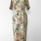 1990s Made in the USA Cotton Linen Short-Sleeve Botanical Patterned Button-Back Wiggle Dress