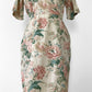 1990s Made in the USA Cotton Linen Short-Sleeve Botanical Patterned Button-Back Wiggle Dress