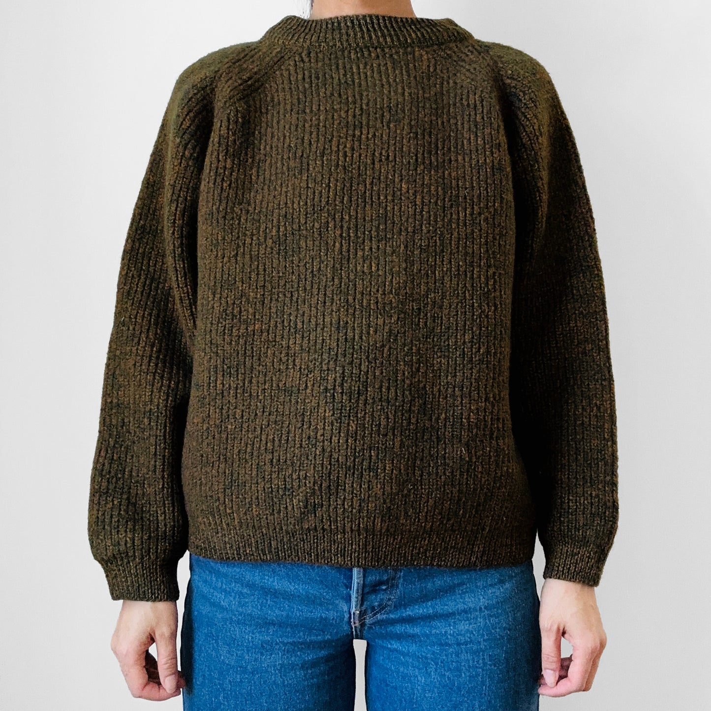 Dark Olive Green Flecked Heavy Wool Crop Ribbed Knit Sweater - Sz. S