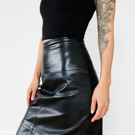 1980s MONTREAL Black Buttery-Soft Leather Fitted Skirt