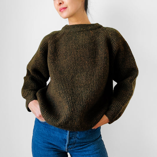 Dark Olive Green Flecked Heavy Wool Crop Ribbed Knit Sweater - Sz. S