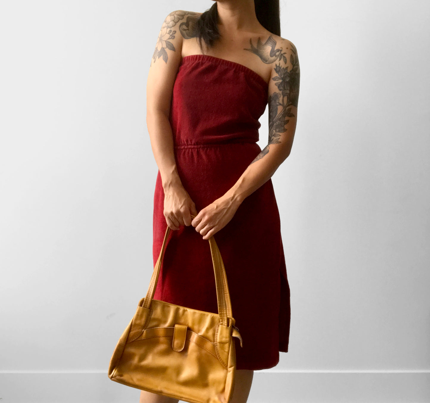 1970s Made in Canada Wine Toned Strapless Velour Dress