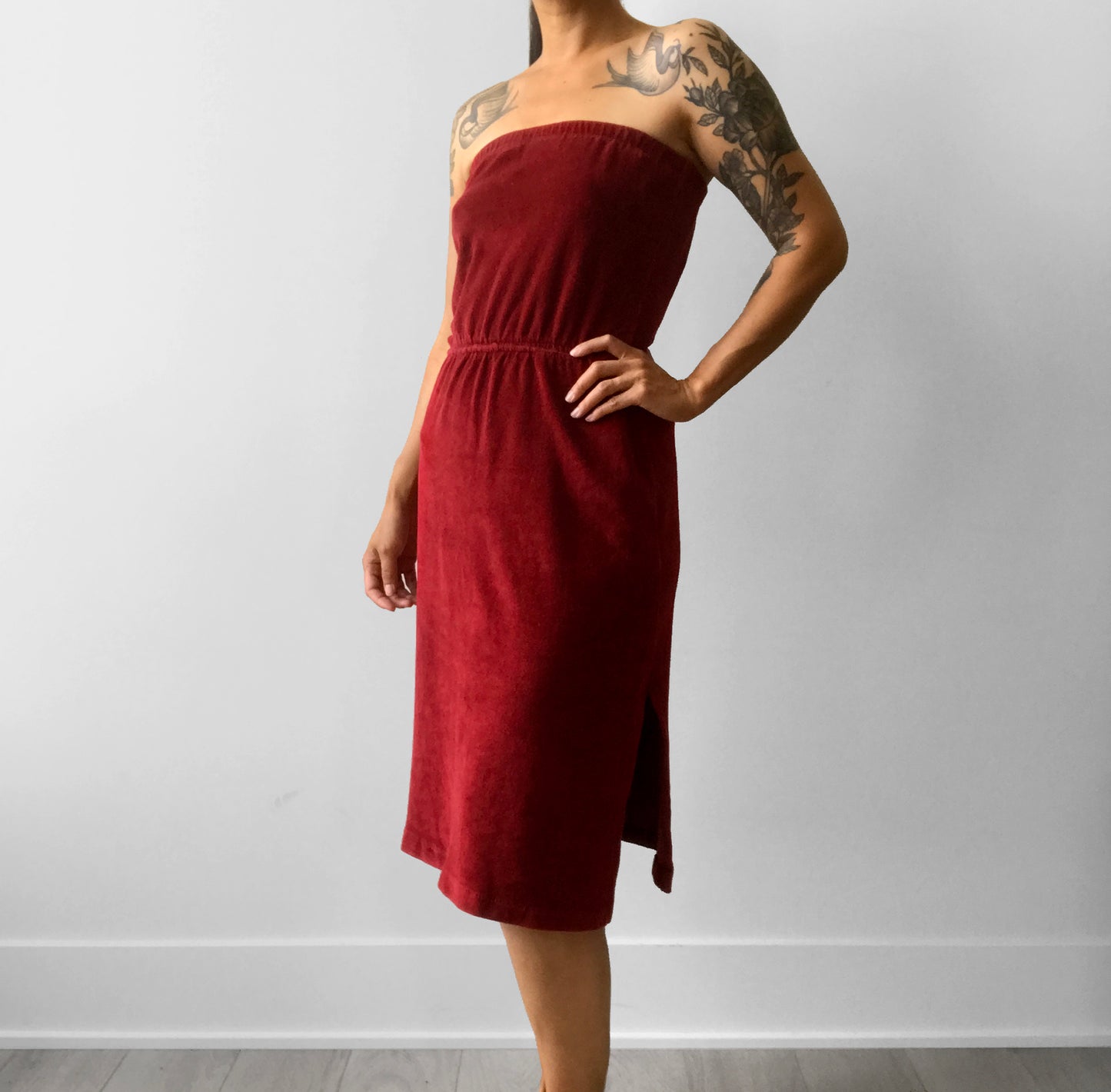 1970s Made in Canada Wine Toned Strapless Velour Dress