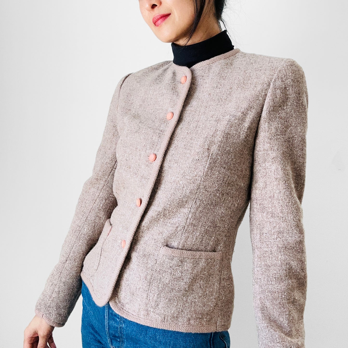 1960s - 1970s Beige Grey Oatmeal Tone Fitted Short-Waisted Trimmed Wool Blend Jacket Blazer - XS/S