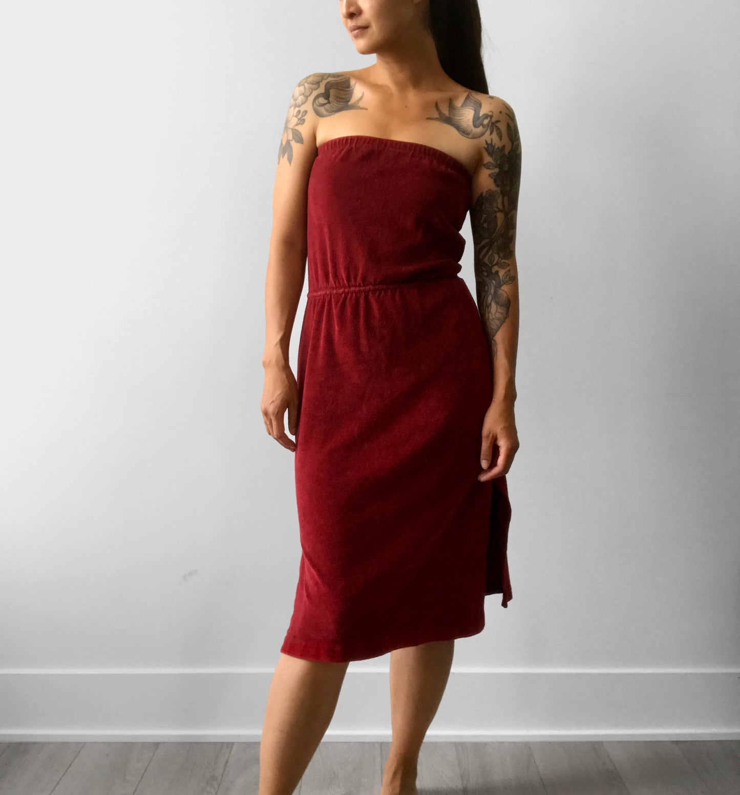 1970s Made in Canada Wine Toned Strapless Velour Dress